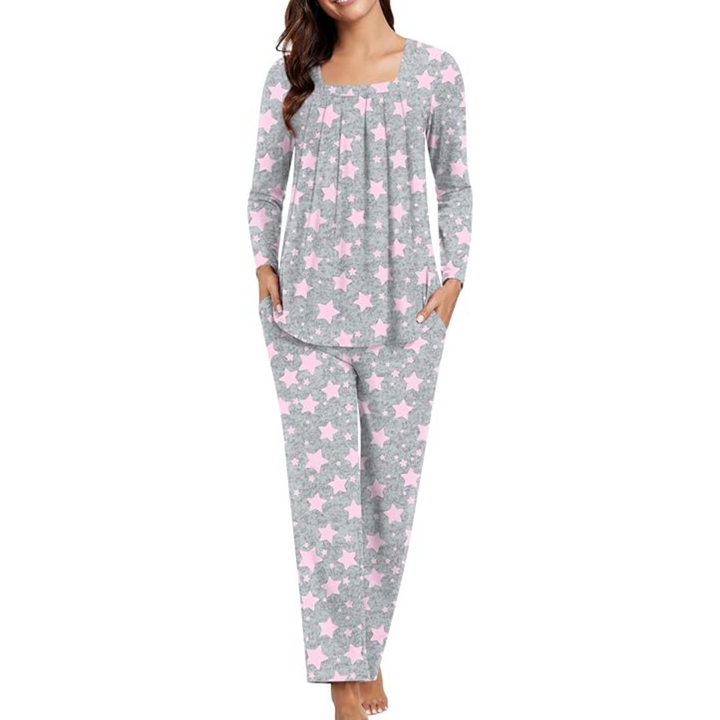 Damen-Pyjama-Set, grau mit rosa Sternen, langärmelig, bequem, Nachtwäsche aus Baumwolle.