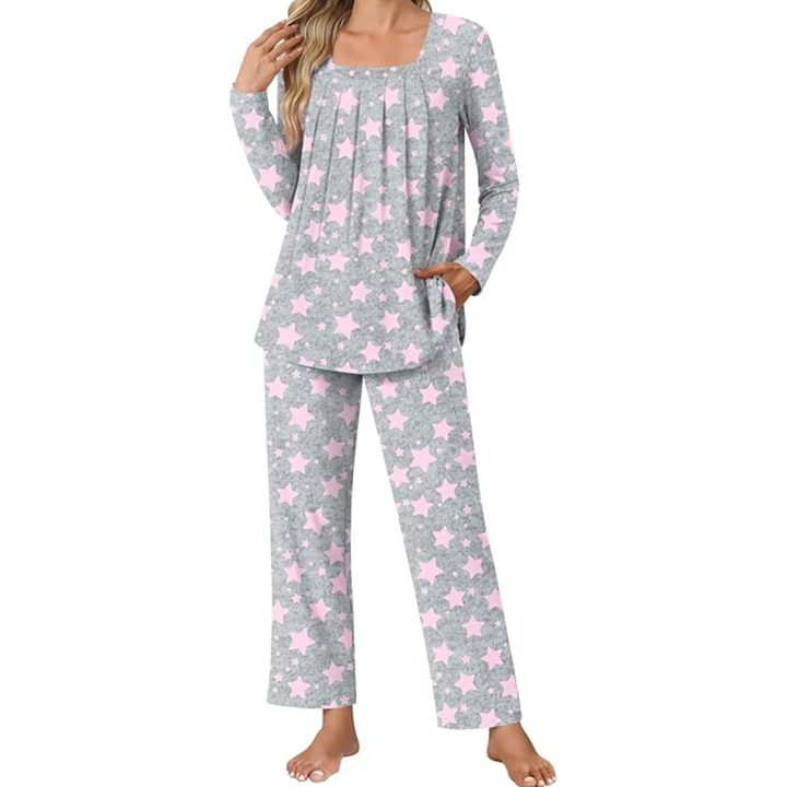 Damen-Pyjama-Set, grau mit rosa Sternen, langärmelig, bequem, Nachtwäsche.