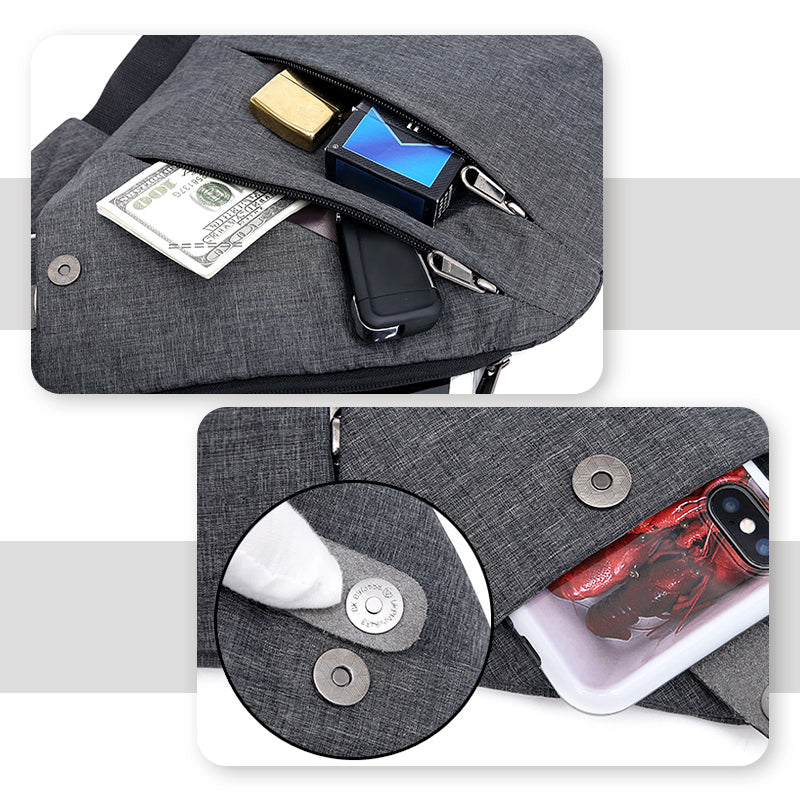 Grauer Rucksack mit Magnetverschluss, Fächern für Geld, Smartphone und Zubehör.