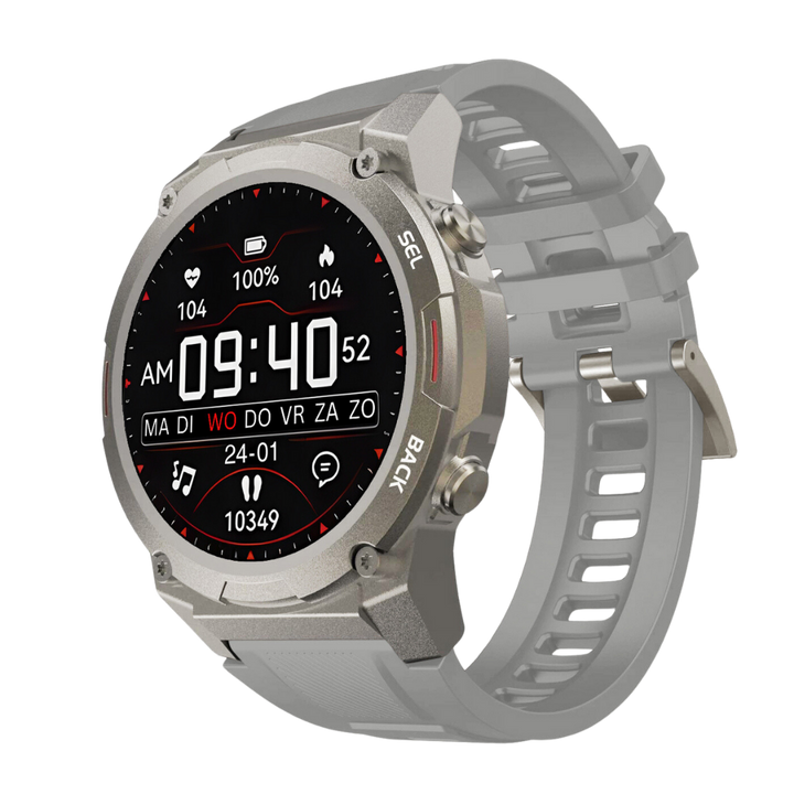 Silberne Smartwatch mit rundem Display, Fitness-Tracking, Herzfrequenzmesser, graues Armband.