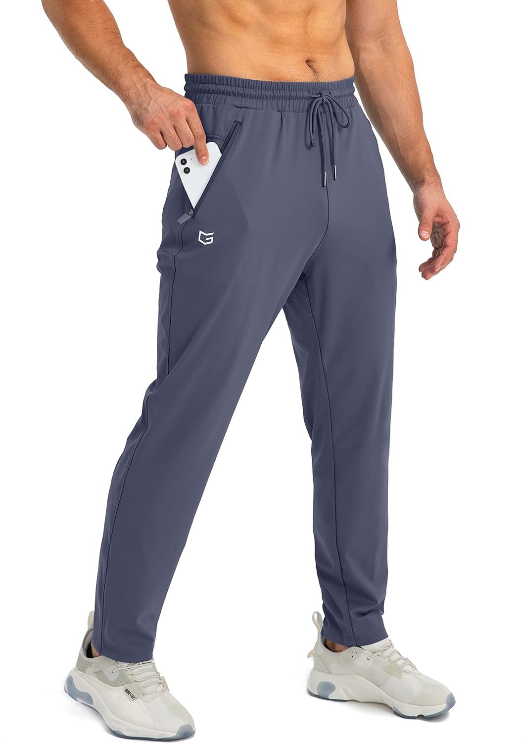 Graue Herren-Sporthose mit Smartphone-Tasche, elastischer Bund, ideal für Fitness und Freizeit.