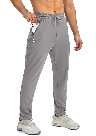 Graue Herren-Trainingshose mit Handytasche, elastischer Bund, atmungsaktiv, Sportbekleidung.