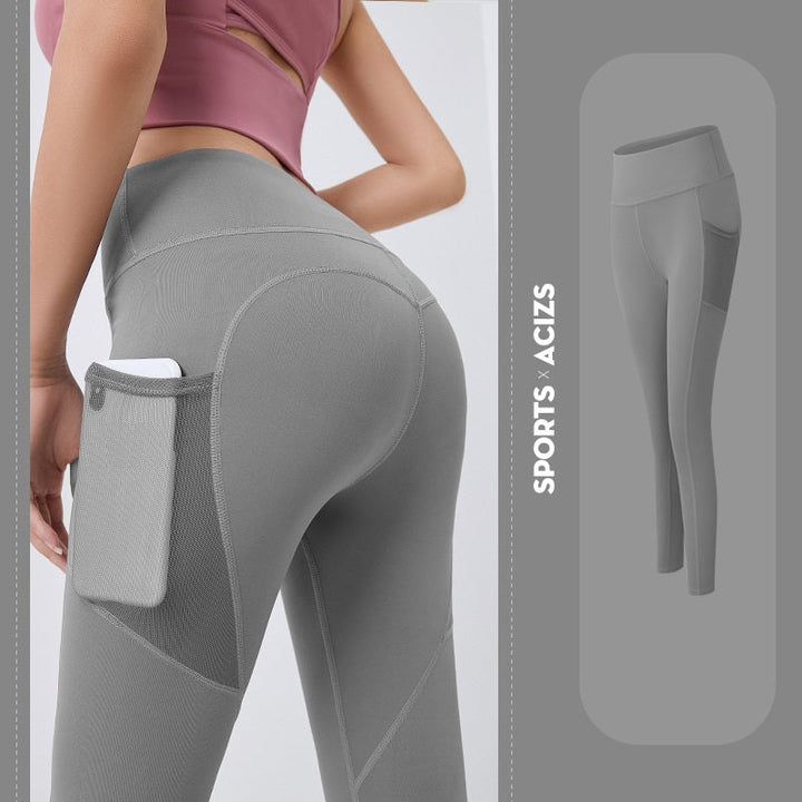 Graue Sportleggings mit Handytasche, Damenmode, elastisch, bequem, Fitnessbekleidung.
