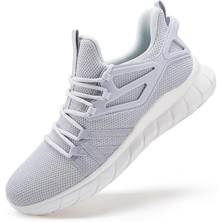 Grauer Sportschuh, atmungsaktives Mesh, rutschfeste Sohle, ideal für Laufen und Fitness.
