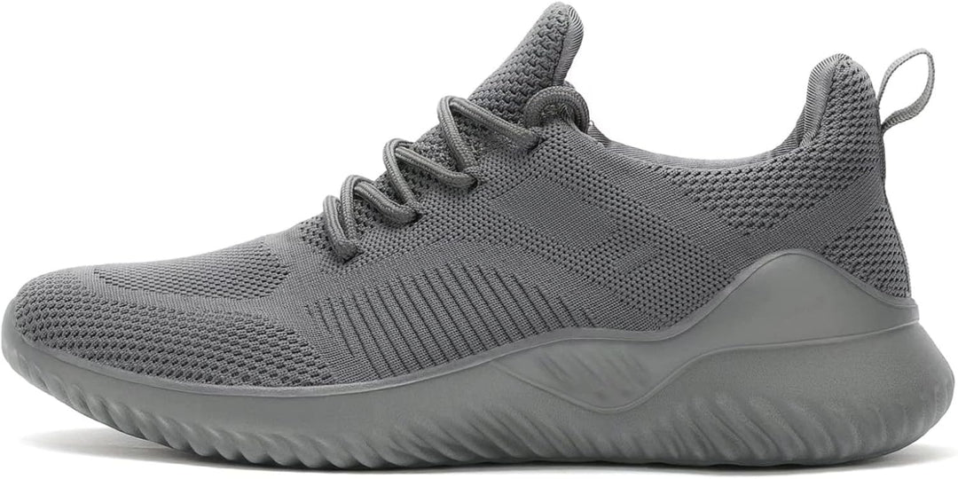 Grauer Herren-Sneaker, atmungsaktives Mesh, rutschfeste Sohle, sportlich, bequem.