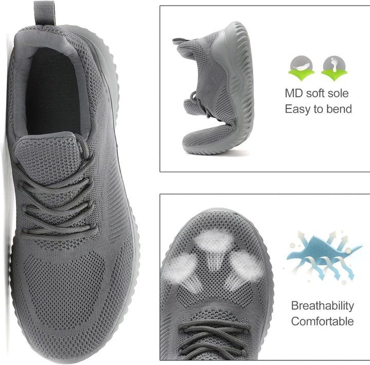 Grauer Sportschuh mit atmungsaktivem Mesh, weicher MD-Sohle, bequem und flexibel.