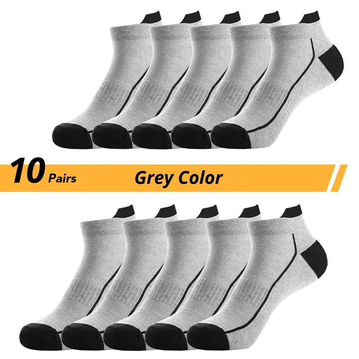 10 Paar graue Sportsocken, knöchelhoch, atmungsaktiv, schwarz-graues Design, Unisex.