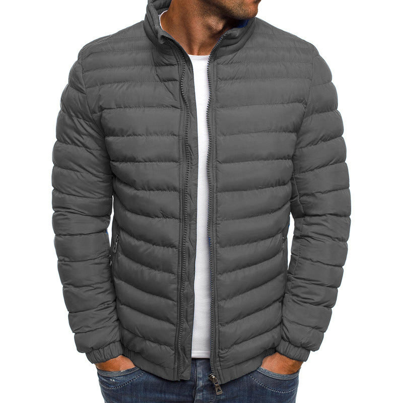 Graue Herren-Daunenjacke, gesteppt, mit Reißverschluss, modisch, warm, für Herbst und Winter.