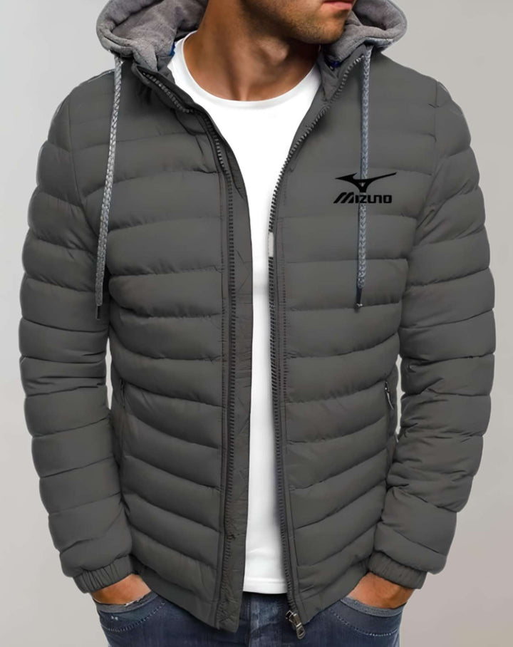 Graue Mizuno-Daunenjacke für Herren, Kapuze, Reißverschluss, sportlich, warm.