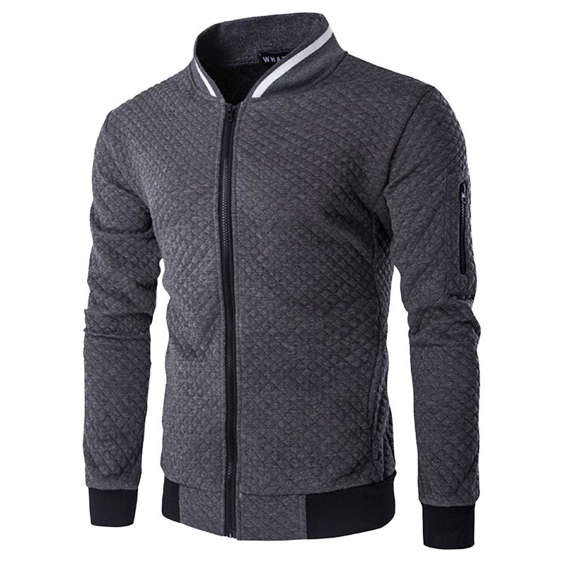 Dunkelgraue Herren-Bomberjacke, gesteppter Stoff, Reißverschluss, modisch, lässig.