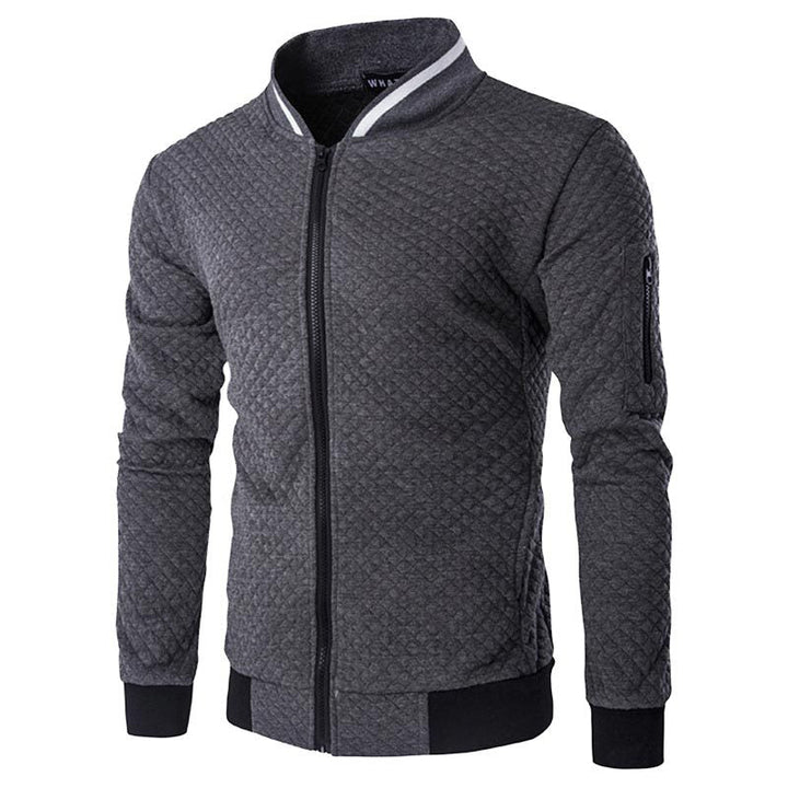 Dunkelgraue Herren-Bomberjacke, gesteppter Stoff, Reißverschluss, modisch, lässig.