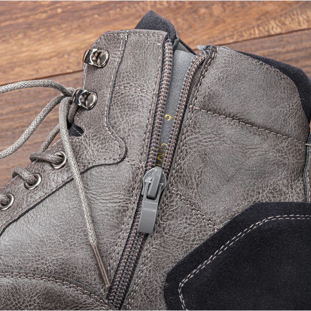 Grauer Lederstiefel mit Reißverschluss, Schnürung, robustem Design, Herrenmode, Outdoor-Boots.