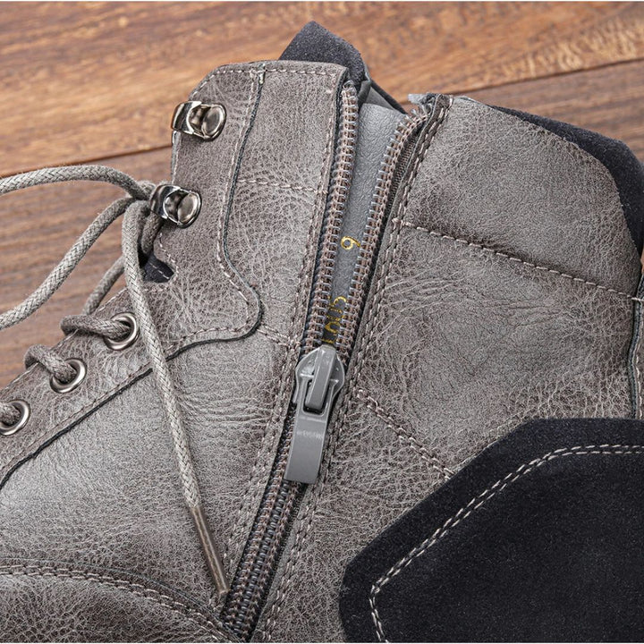 Grauer Lederstiefel mit Reißverschluss, Schnürung, robustem Design, Herrenmode, Outdoor-Boots.