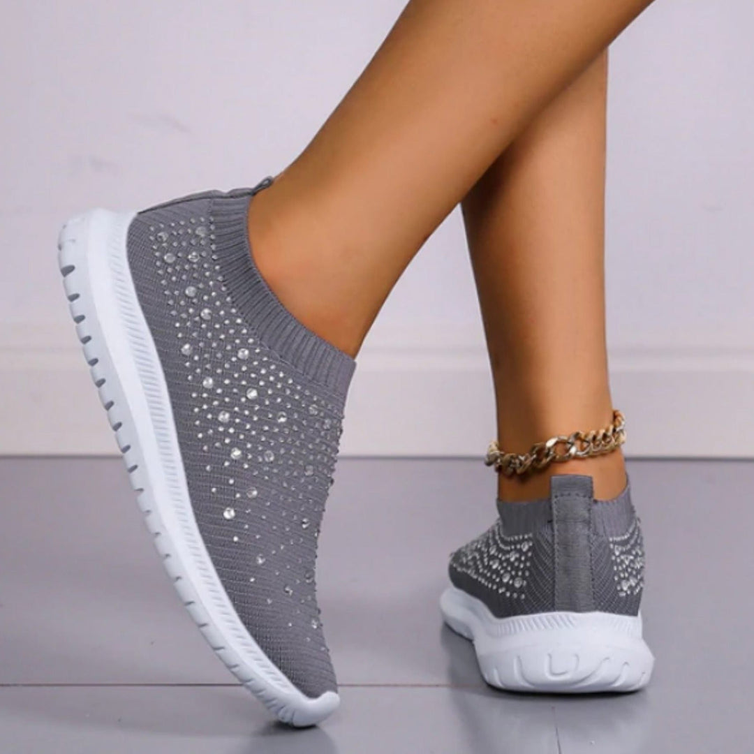 Grauer Damen-Sneaker mit Strass, rutschfeste Sohle, bequem, modisch, Freizeit-Schuh.