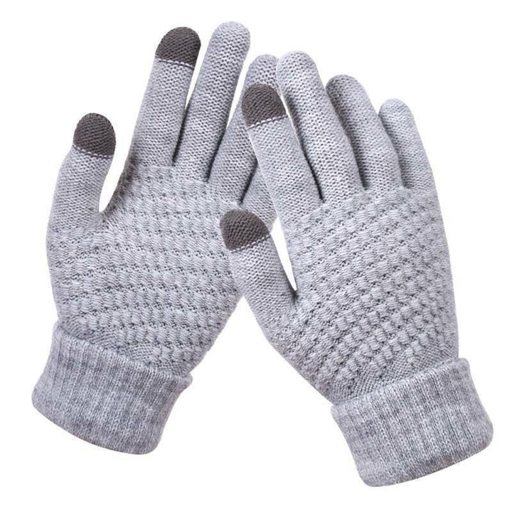 Graue Touchscreen-Handschuhe, gestrickt, mit rutschfestem Muster, ideal für Smartphones.