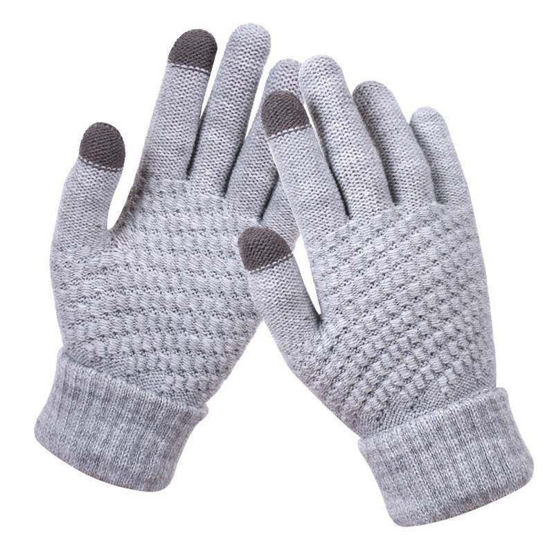 Graue Touchscreen-Handschuhe aus Strick, rutschfest, für Winter, Smartphone-kompatibel.