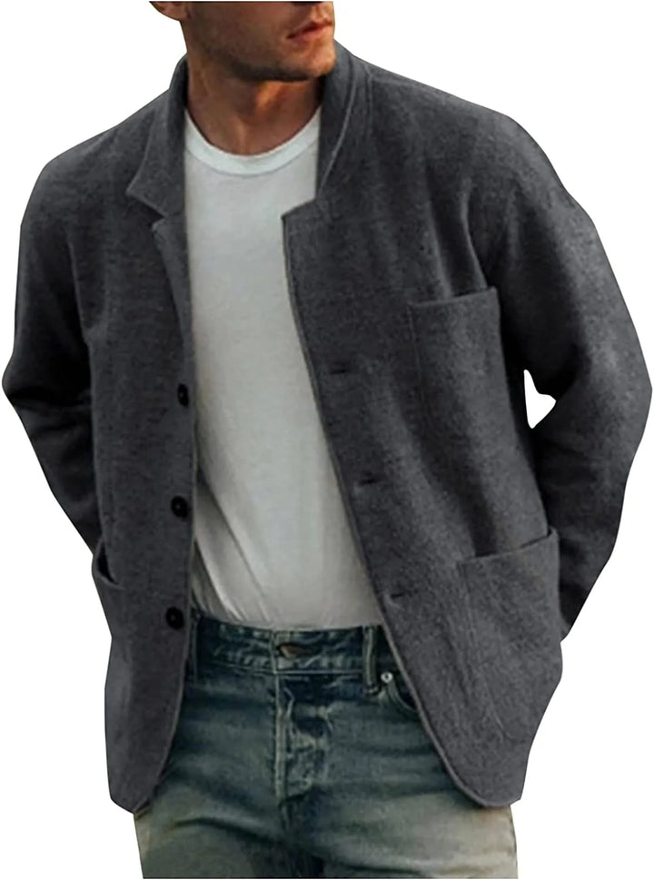 Grauer Herrenblazer aus Wolle, lässig, mit Knöpfen, ideal für Herbstmode.