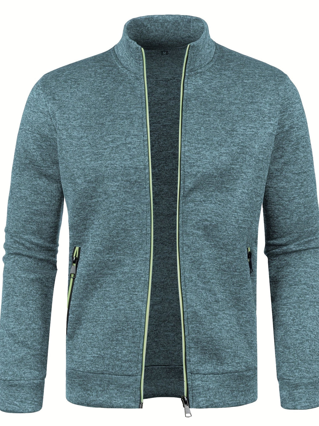 Graue Herrenjacke mit Reißverschluss, Stehkragen, Taschen, aus Baumwollmischung.