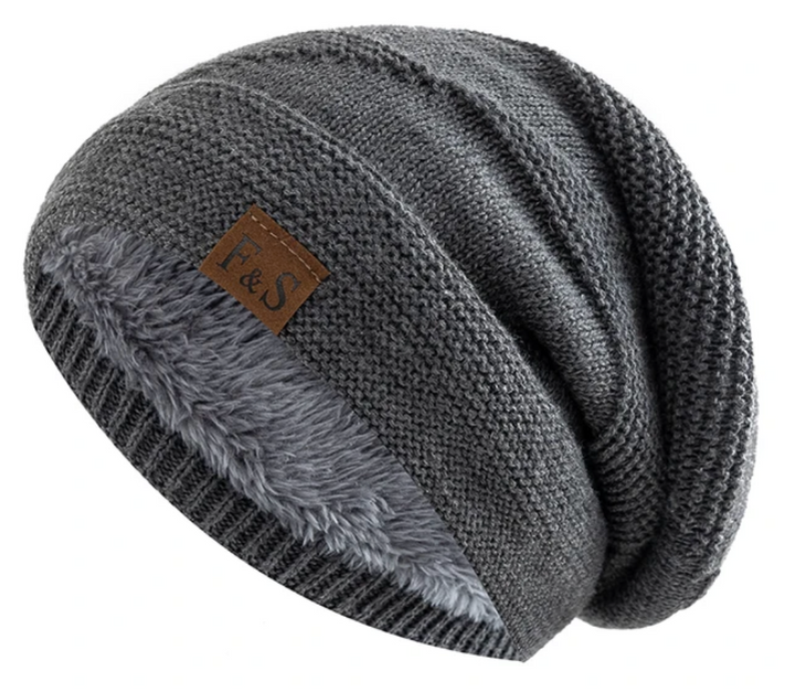 Graue Strickmütze mit Fleecefutter, Wintermütze, warm, modisch, Unisex, Accessoire.