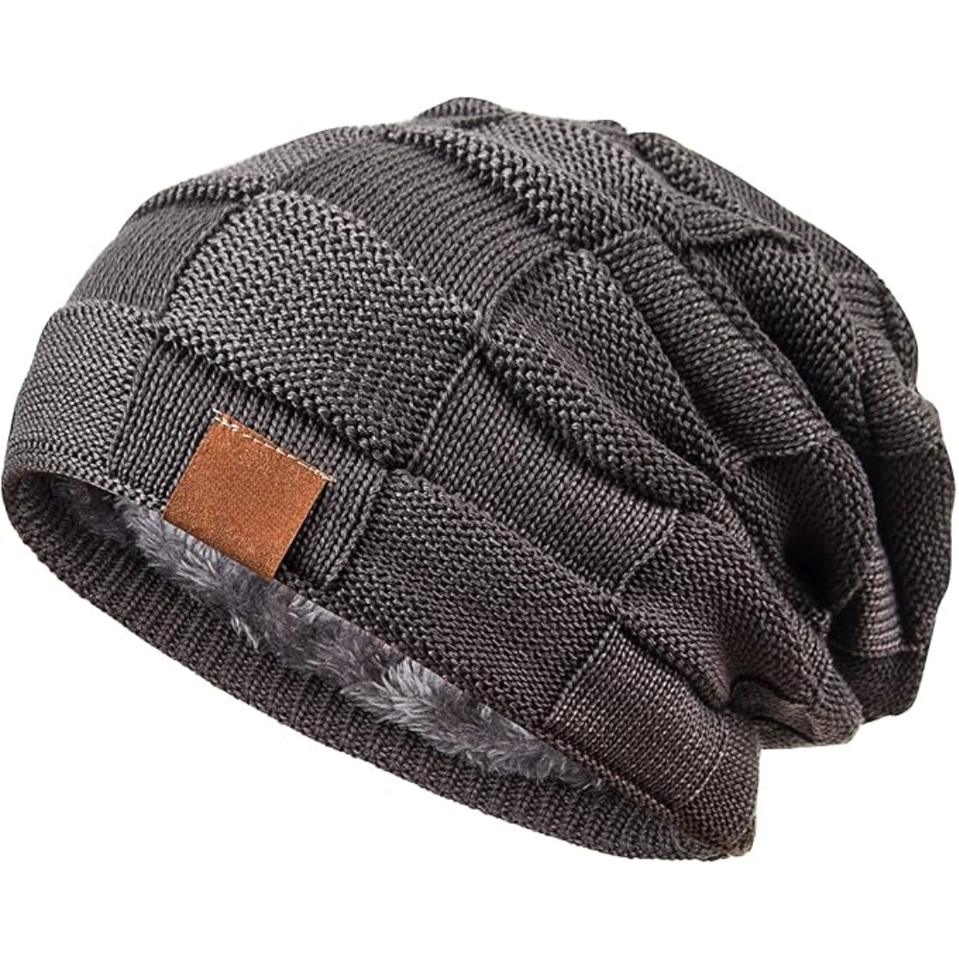 Braune Strickmütze aus Wolle, warm gefüttert, ideal für Winter, Unisex-Design.
