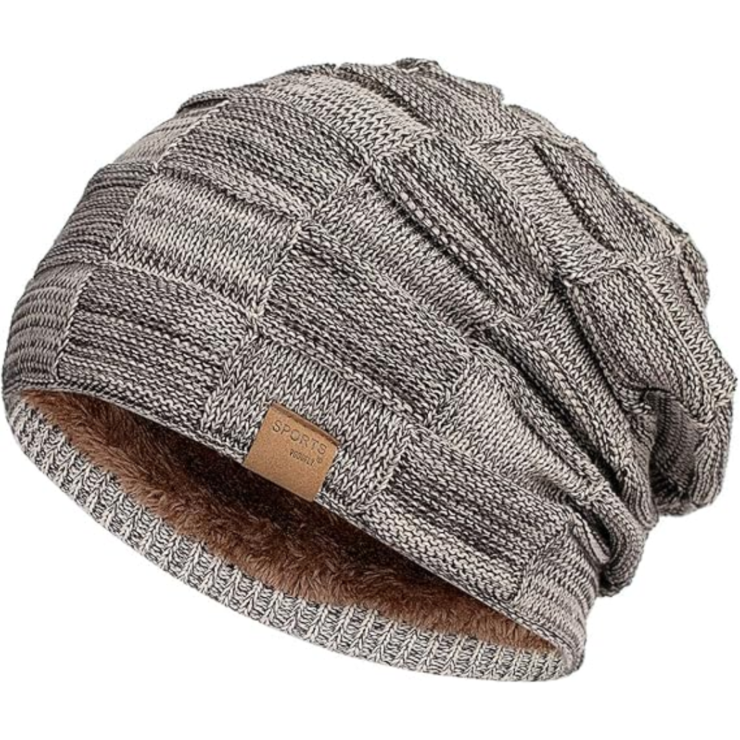 Graue Strickmütze mit Fleecefutter, Wintermütze, warm, modisch, Unisex-Design.