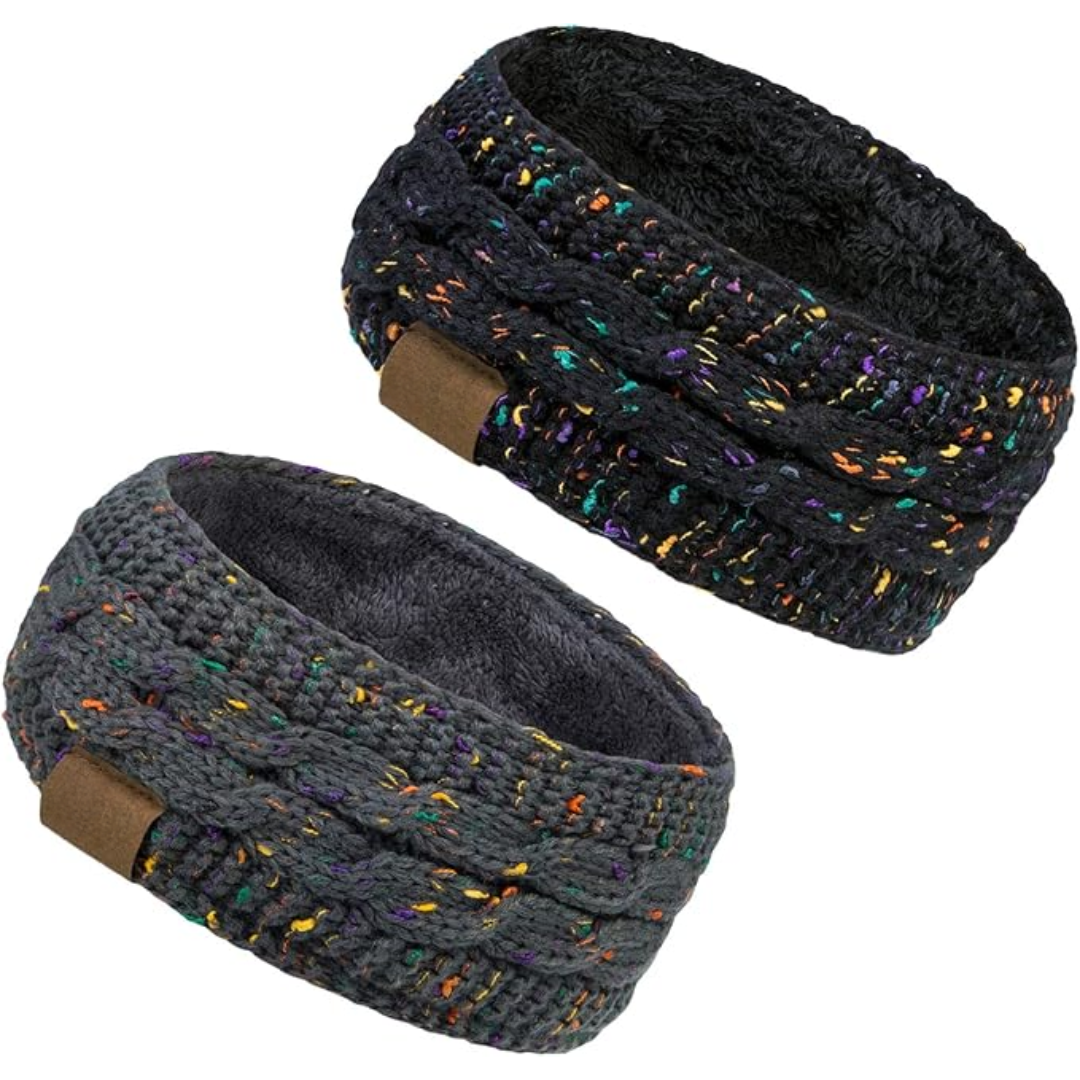 Zwei gestrickte Stirnbänder, grau, gefüttert, mit bunten Akzenten, ideal für Wintermode.