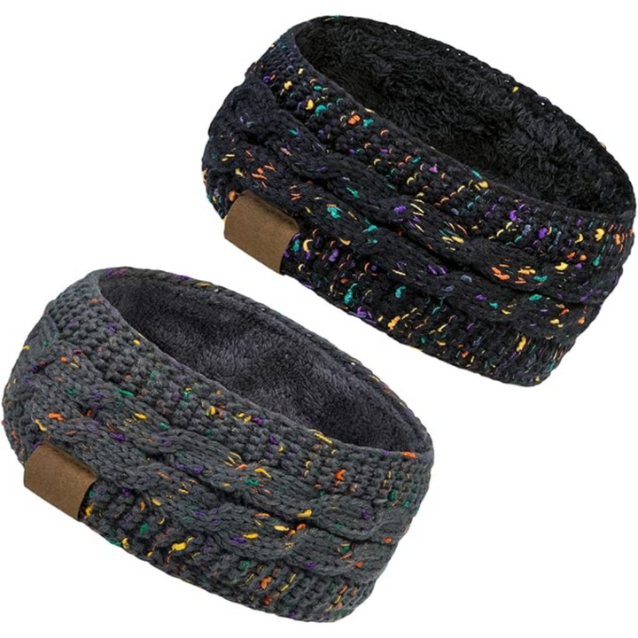Zwei gestrickte Stirnbänder, grau, gefüttert, mit bunten Akzenten, ideal für Wintermode.
