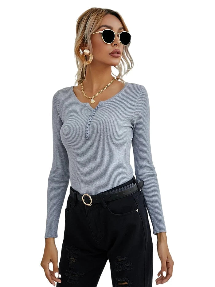 Damenpullover mit V-Ausschnitt, grau, langärmelig, modisch, elegant, Baumwolle.