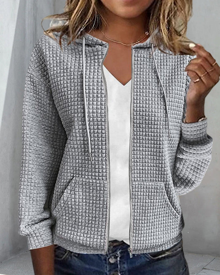 Grauer Kapuzenpullover Damen, Waffelstruktur, Reißverschluss, Freizeitmode, Baumwolle.