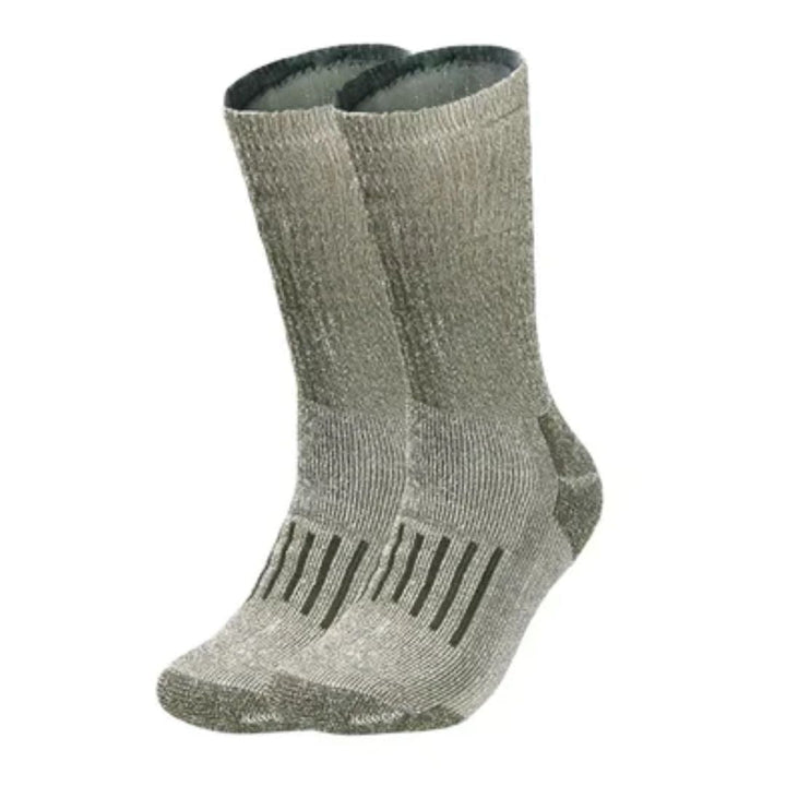 Graue Thermosocken aus Wolle, atmungsaktiv und warm, ideal für Outdoor-Aktivitäten.
