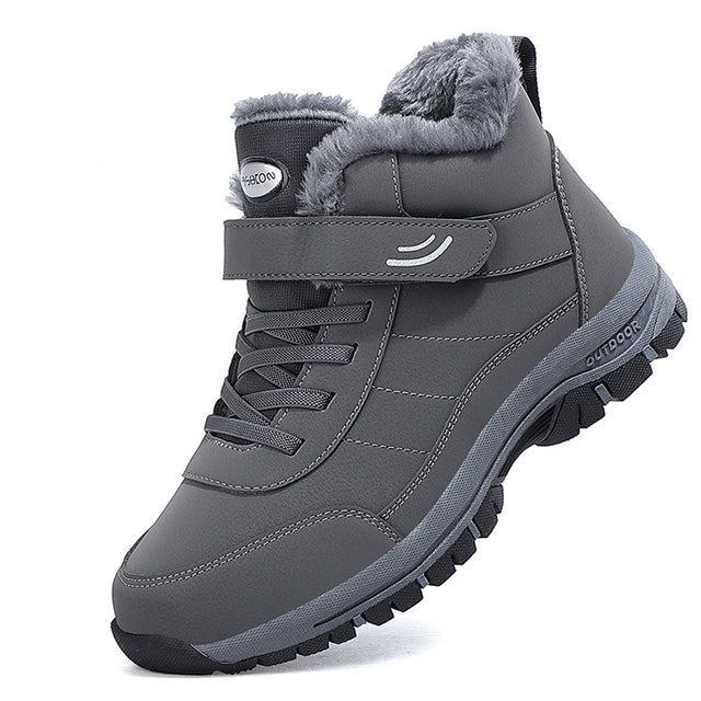 Graue wasserdichte Lederstiefel, winterfest, rutschfest, warm gefüttert, Outdoor-Sneaker.