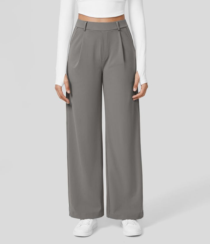 Graue Damenhose, weites Bein, hoher Bund, eleganter Look, ideal für Büro oder Freizeit.