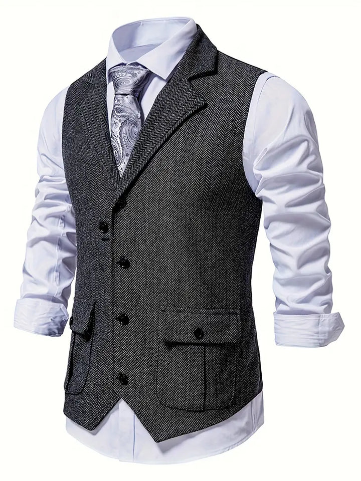 Graue Herrenweste mit Fischgrätmuster, elegantes Design, ideal für formelle Anlässe.