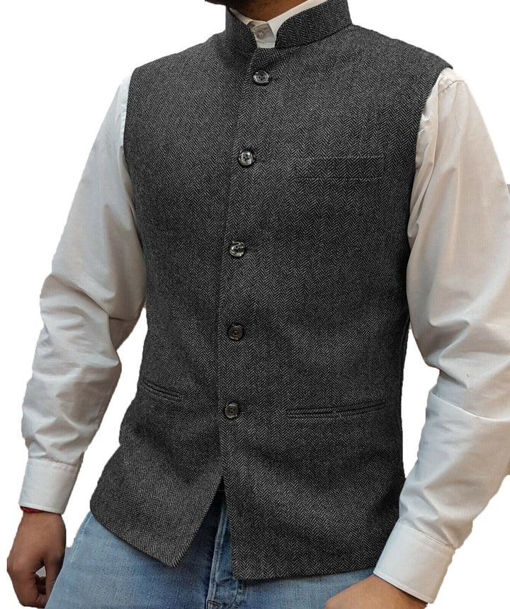 Graue Herrenweste aus Tweed, ärmellos, mit Knopfleiste, ideal für formelle Anlässe.