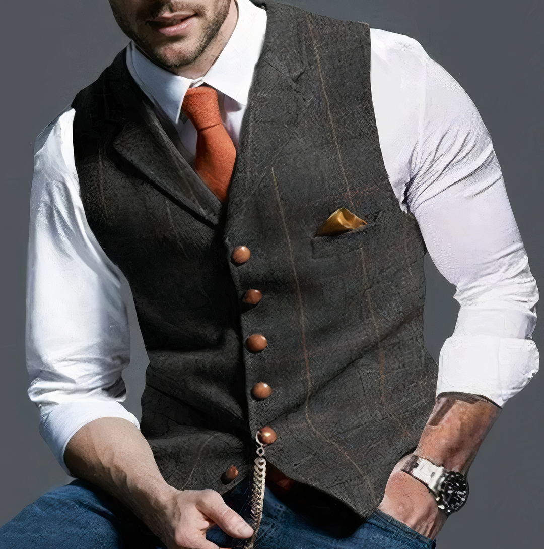 Mann in grauer Weste mit orangefarbener Krawatte und Einstecktuch, eleganter Herrenstil.