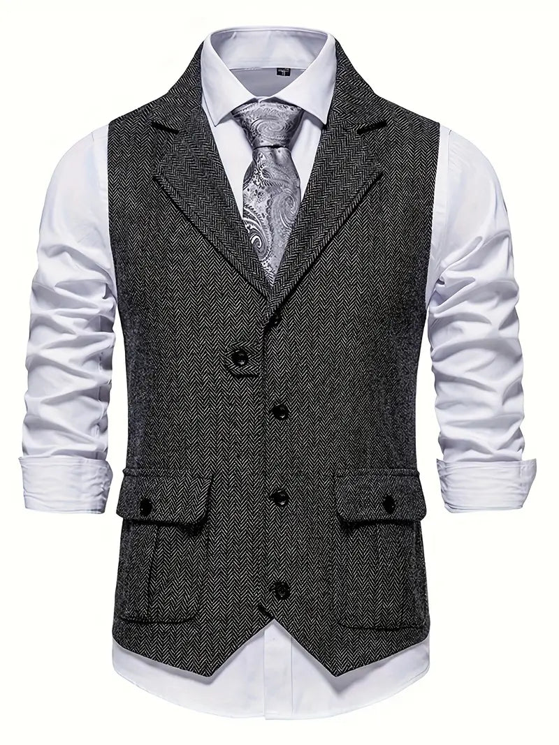 Graue Herrenweste mit Fischgrätenmuster, elegantes Design, ideal für formelle Anlässe.