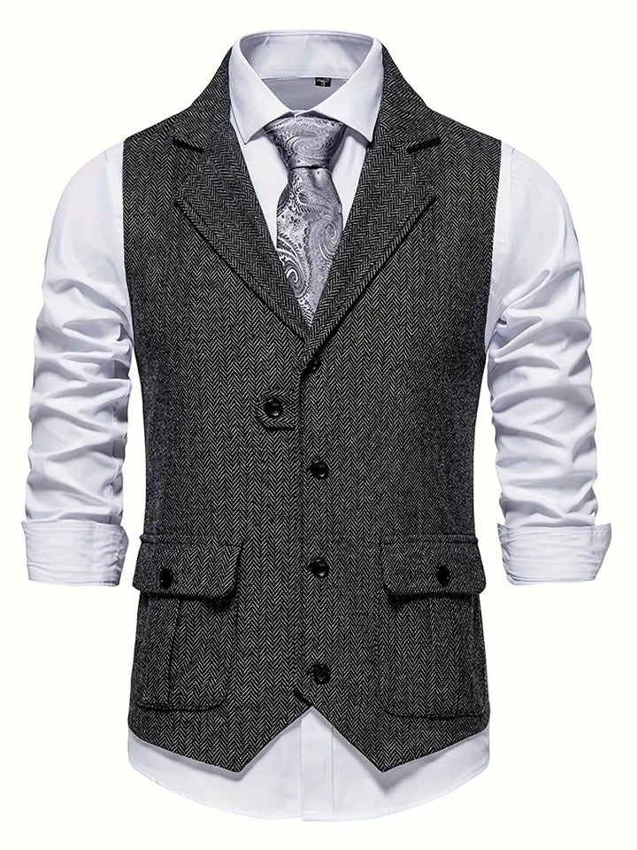 Graue Herrenweste mit Fischgrätenmuster, elegantes Design, ideal für formelle Anlässe.