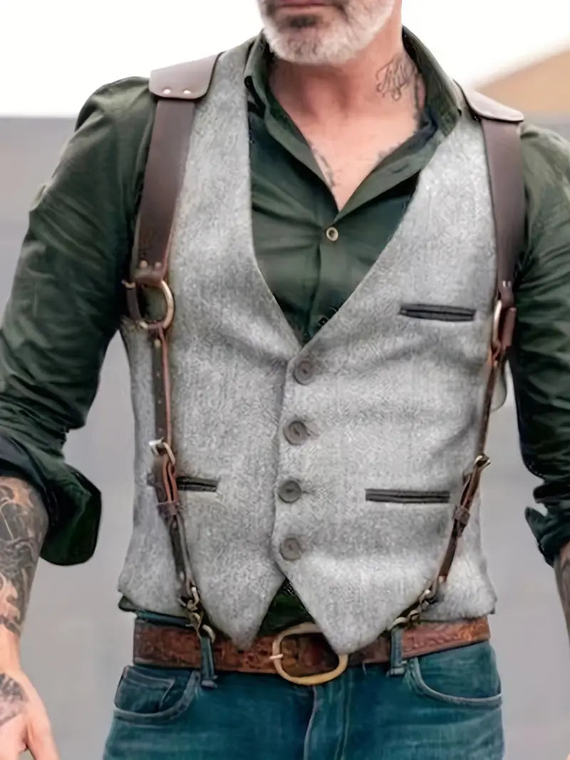 Graue Herrenweste mit braunen Lederträgern, grünes Hemd, lässiger Stil, modisch.