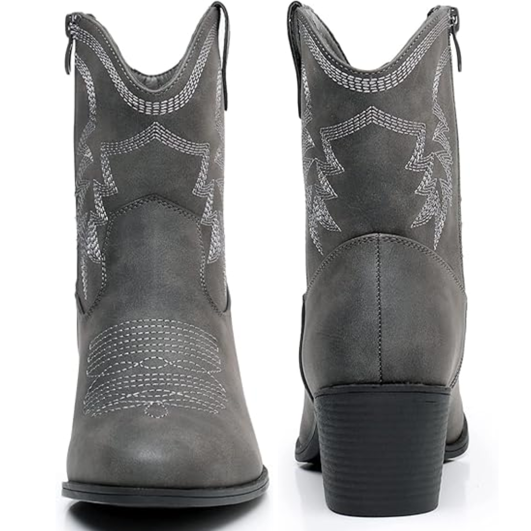 Graue Cowboystiefel aus Leder mit Stickerei, Westernstil, Damenmode, robuste Absatzsohle.