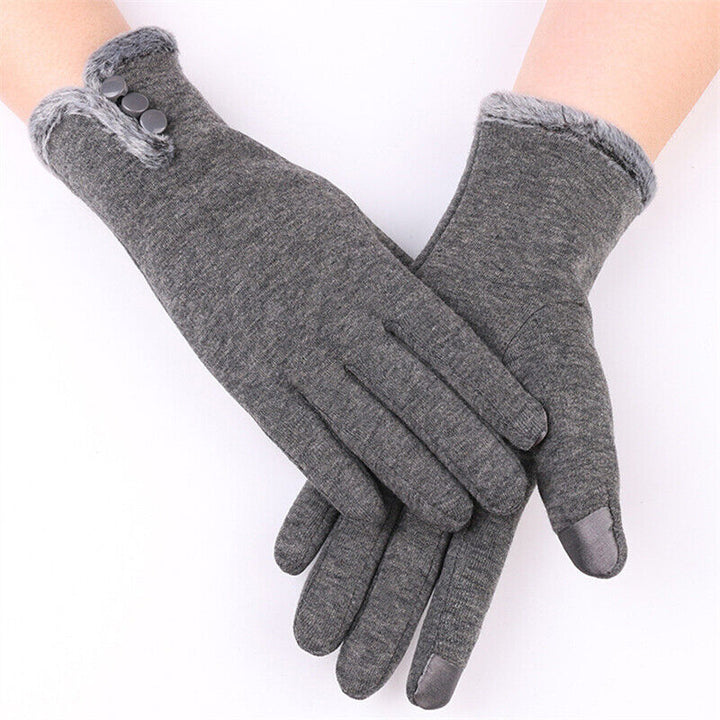 Graue Damenhandschuhe mit Touchscreen-Funktion, Fleece-Futter, Knopfdetails, Wintermode.