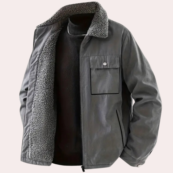 Graue Herrenjacke mit Fleece-Futter, Reißverschluss, Brusttasche, Wintermode, warm.