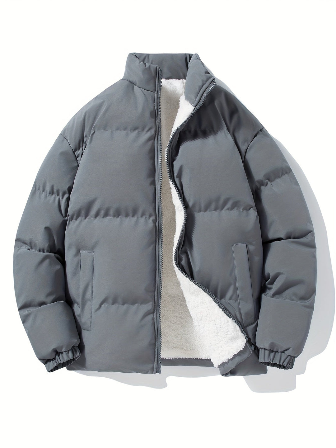 Graue Daunenjacke mit weißem Fleecefutter, warm, modisch, Winterbekleidung für Herren.