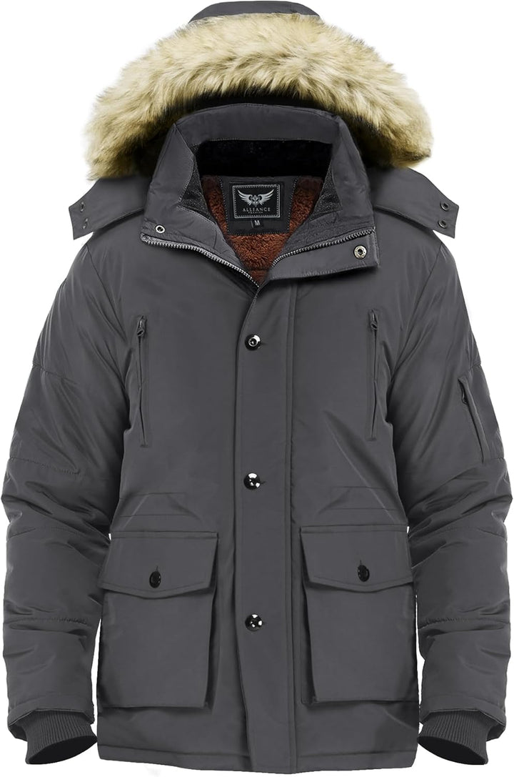 Dunkelgraue Winterjacke mit Kapuze und Kunstfellbesatz, warm gefüttert, Herrenmode.