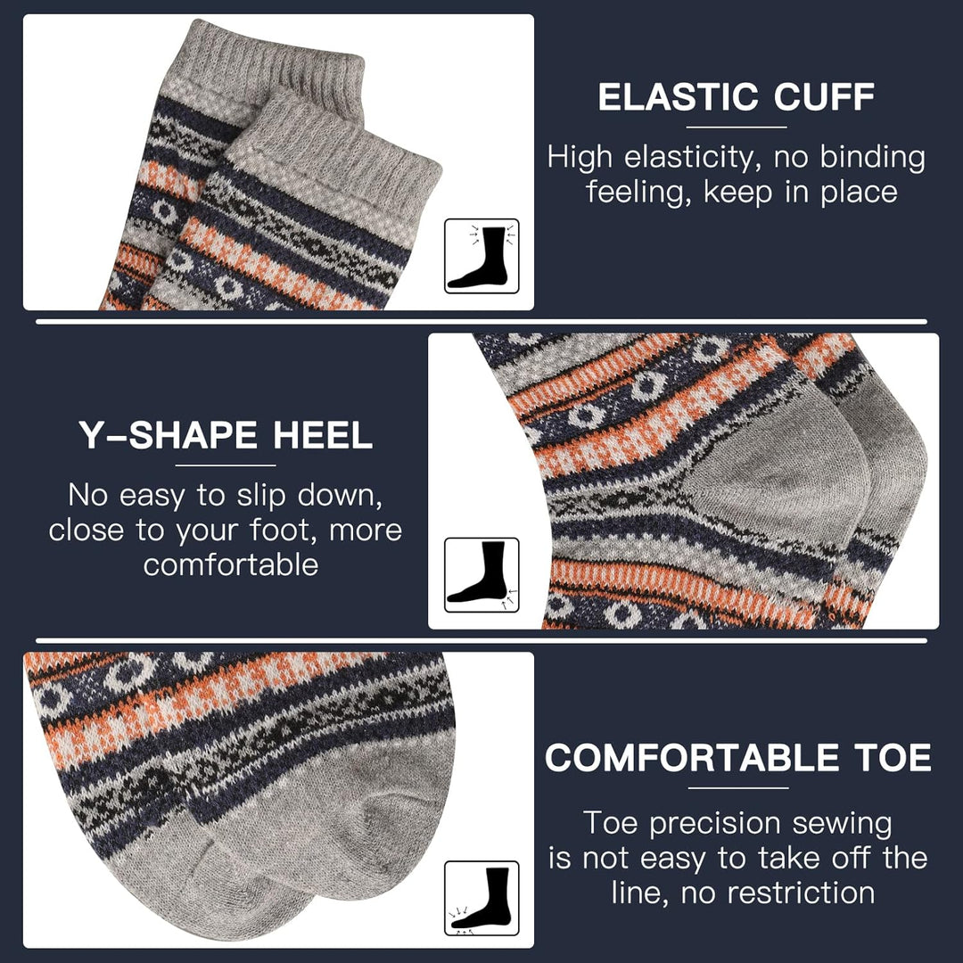 Graue Wollsocken mit elastischem Bund, Y-Ferse, bequemem Zeh, Norwegermuster.