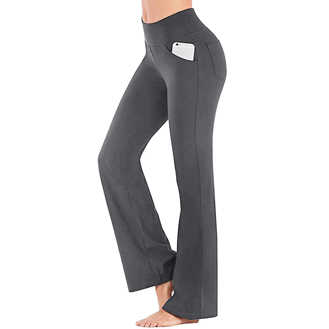 Damen Yogahose mit Taschen, grau, hohe Taille, bequem, elastisch, ideal für Sport und Freizeit.