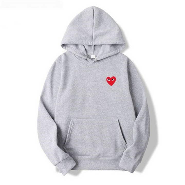 Grauer Damen-Hoodie mit rotem Herz-Design, Baumwolle, Kapuze, Kängurutasche.