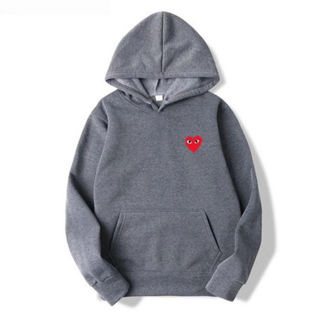 Grauer Damen-Hoodie mit rotem Herz-Emblem, Baumwolle, Kapuze, Kängurutasche.