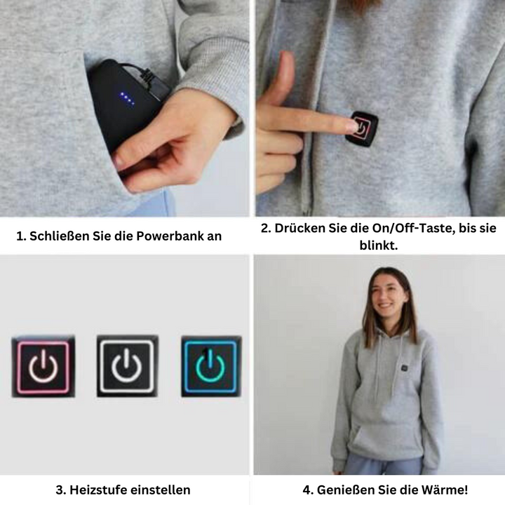 Grauer beheizbarer Hoodie, USB-Powerbank, einstellbare Heizstufen, komfortable Wärme.