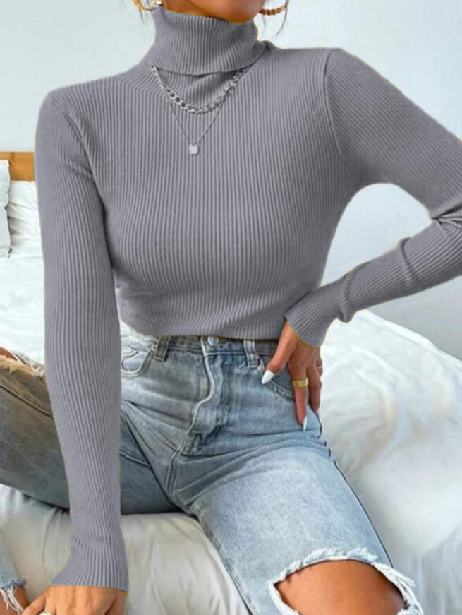 Grauer Rollkragenpullover Damen, gerippt, langärmelig, modisch, bequem, Herbstmode.