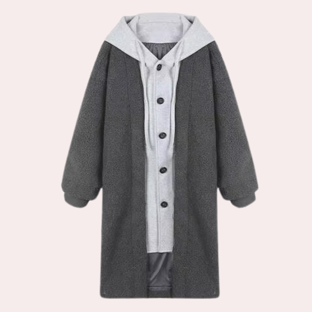 Grauer Damenmantel mit Kapuze, Knöpfen, Fleece, warm, modisch, Winterbekleidung.
